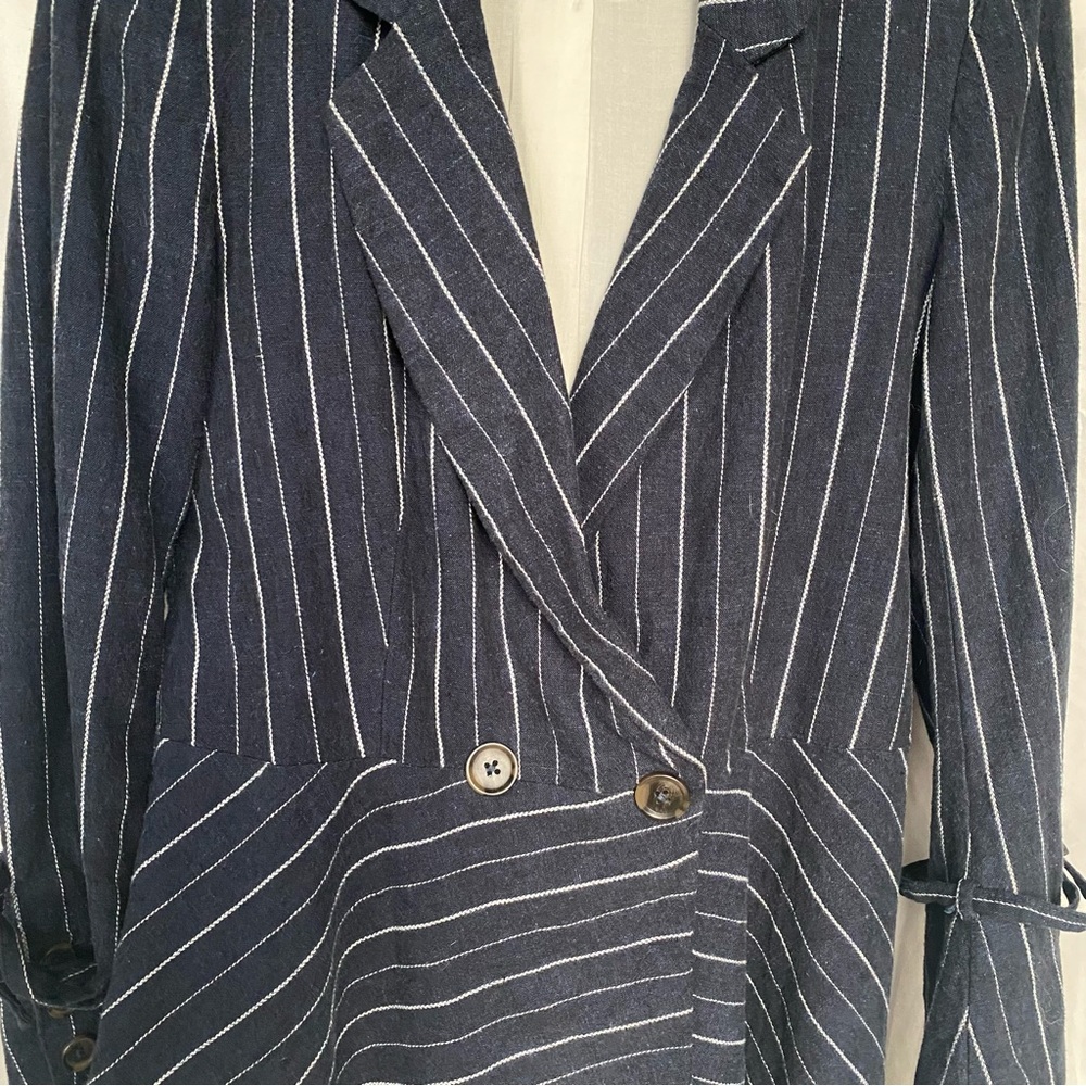 FREE PEOPLE Stella Striped Frayed Hem Blue Blazer Size XS Linen Coastal Office - Picture 8 of 11